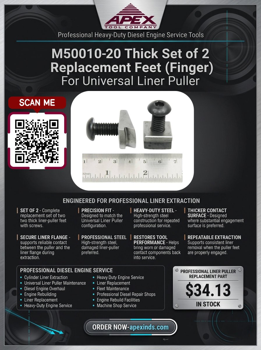 apextools's tweet photo. Why risk slipping pullers or sheared liner flanges on heavy diesel engine rebuilds? 💸 Restore your universal liner puller with the M50010-20 thick replacement feet set. 🛒 https://t.co/iZRjehSAqT #HeavyTrucks #EngineRebuild https://t.co/wYvDJIaZM7