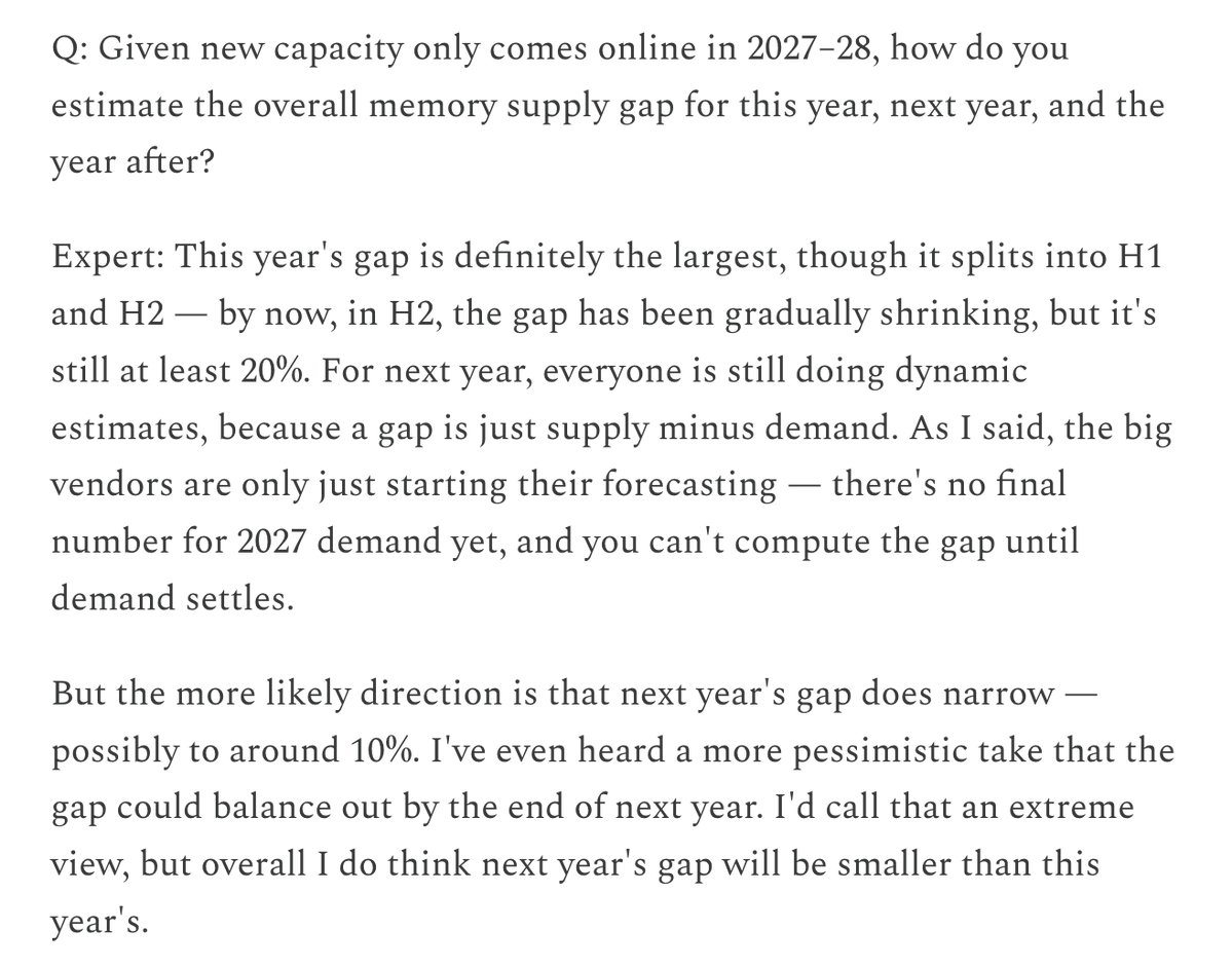 pequityresearch's tweet photo. Expert Takeaways: Memory

> S/D gap of at least 20% in second half of 2026. 

> Big vendors have just begun forecasting since demand for 2027 has not settled yet.

> S/D gap for 2027 is possibly around 10%. A pessimistic take believing in balance by end of next year.

$MU $DRAM $EWY $SKHY