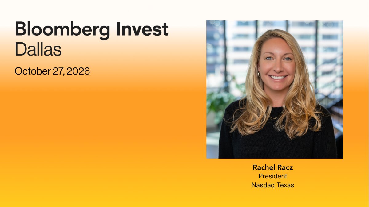 BloombergLive's tweet photo. NEXT WEEK: As Texas attracts more investment, talent and businesses, exchanges are playing an increasingly important role in the state's capital markets.

Rachel Racz, President of @Nasdaq Texas, joins #BloombergInvest Dallas to discuss how exchanges can support public companies, engage investors and help drive long-term shareholder value.

Learn more:
https://t.co/h9XaRp22oB