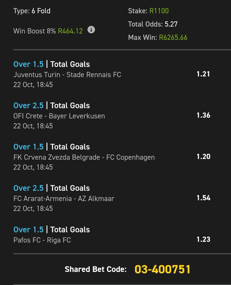 MasterGift1's tweet photo. Booking Code :400751
Odds : 5:27
Promo Code : GIFT50 

Registration link : https://t.co/dt1msWjUJW

Recreate our bet slip (3+ selections) and place a minimum stake of R5.

🤙See bio for full details 
⚠️18+ only.T&amp;Cs apply

Bet slip link :https://t.co/xppCwj0fMZ

R1 100 = R6 200 https://t.co/jUvKYVI7yq