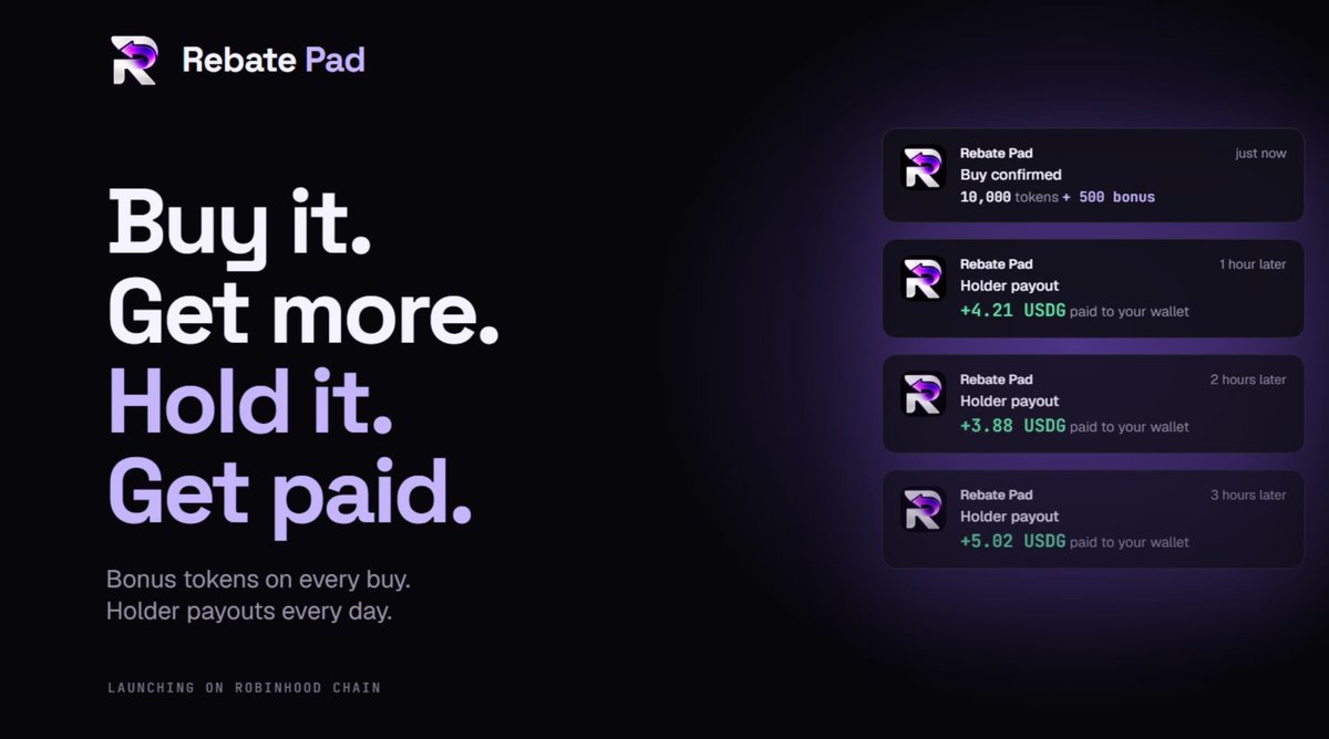 potu_eth's tweet photo. flippers get paid the same as holders everywhere else.

@RebateLaunch flips that. bonus tokens on every buy. payouts scale from 1x to 1.5x to 2x the longer you hold. buying more never resets your timer.

patience > speed. launching on Robinhood Chain.

#RebatePad #RebateLaunchpad https://t.co/fSIuO6gxU6