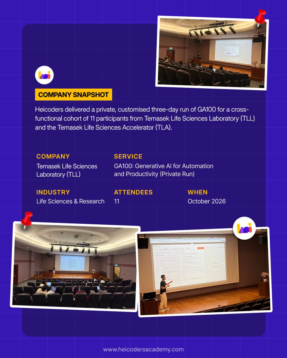 heicoders's tweet photo. Senior leaders, HR, finance, investment and scientific staff, all in one AI workshop. We ran a private three-day GA100 for 11 staff at Temasek Life Sciences Laboratory and the Temasek Life Sciences Accelerator. Here’s how we kept it relevant to everyone.

#AIAtWork #LifeScience https://t.co/KCyp9ThyP0