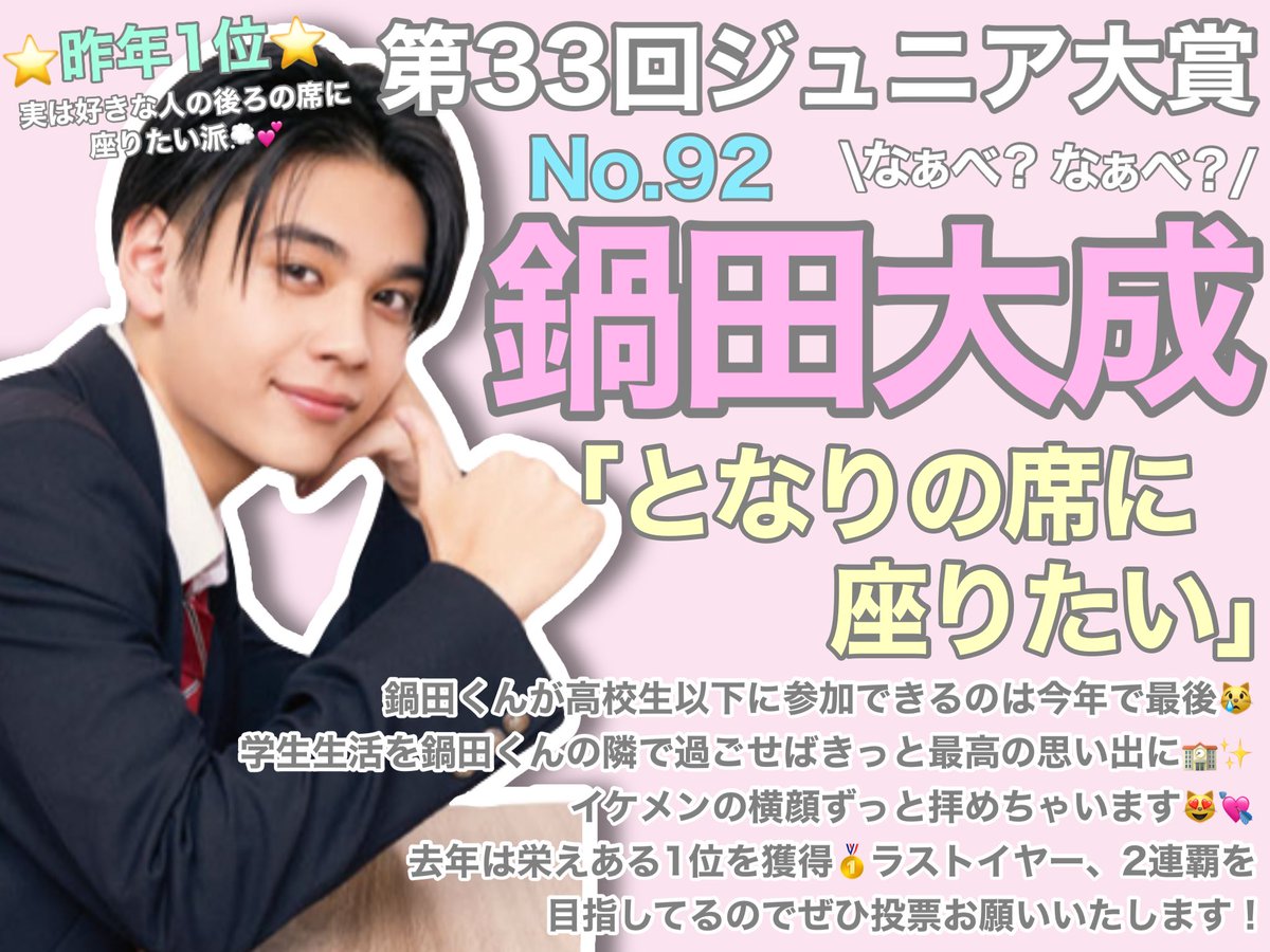 1006_nabechama's tweet photo. 🏆第33回 #ジュニア大賞 🏆
#ジュニア大賞うちの子どうですか

｢㊻となりの席に座りたい｣高校生以下限定部門
⭐️No.9️⃣2️⃣ #鍋田大成 ⭐️

目指せ2連覇🏅💫高校生ラストイヤーを有終の美で飾らさせてあげたい！そのためには皆さんの力が必要です！清き一票お願いいたします🙏🏻😭😭😭 https://t.co/xv1TKowhSs
