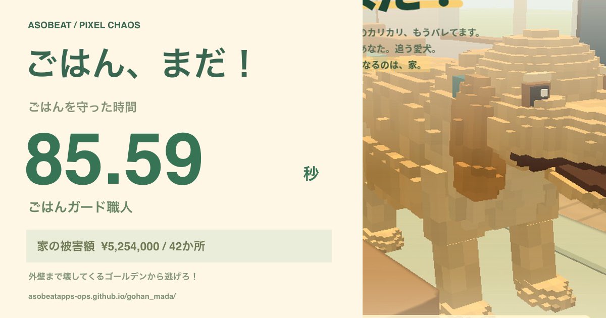 asoBeat365's tweet photo. ごはん持って逃げたら、家が犠牲になった。
「ごはん、まだ！」で 85.59秒逃げました！
家の被害総額：¥5,254,000！
倒れた・壊れたもの：42か所。
あなたは何秒、逃げられる？
https://t.co/zoPoCfj6Kj
#ごはんまだ #アソビート https://t.co/jbkf1tuojB