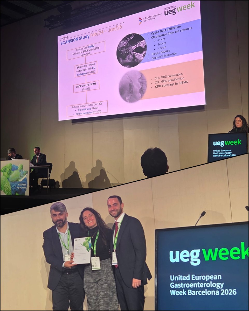 GVanell5's tweet photo. ๐ช๐ธ #UEGWeek2026
Proud of our San Raffaele #ERCP/#TherapeuticEUS research team!
๐ฌ 3 oral, 2 posters
๐ 2 Best Abstract Awards!
From post-#ERCP cholecystitis (#SCANSION) to EUS-HGS and patient-reported outcomes in #GOO (#GOOSE).
Great science, greater teamwork! ๐
#Endoscopy https://t.co/x0em8s7h2m