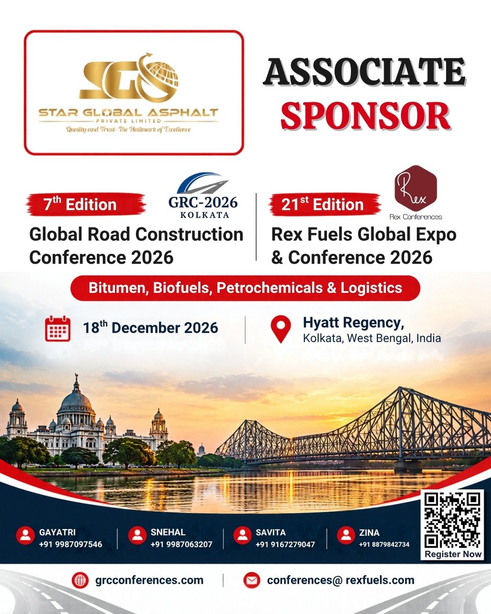 FuelsManagement's tweet photo. We are proud to welcome Star Global Asphalt Private Limited as an Associate Sponsor of the 7th Edition – Global Road Construction Conference 2026 in Kolkata!
📅 18 December 2026 | 📍 Hyatt Regency, Kolkata, India
#GRC2026 https://t.co/jsteWqdW7r