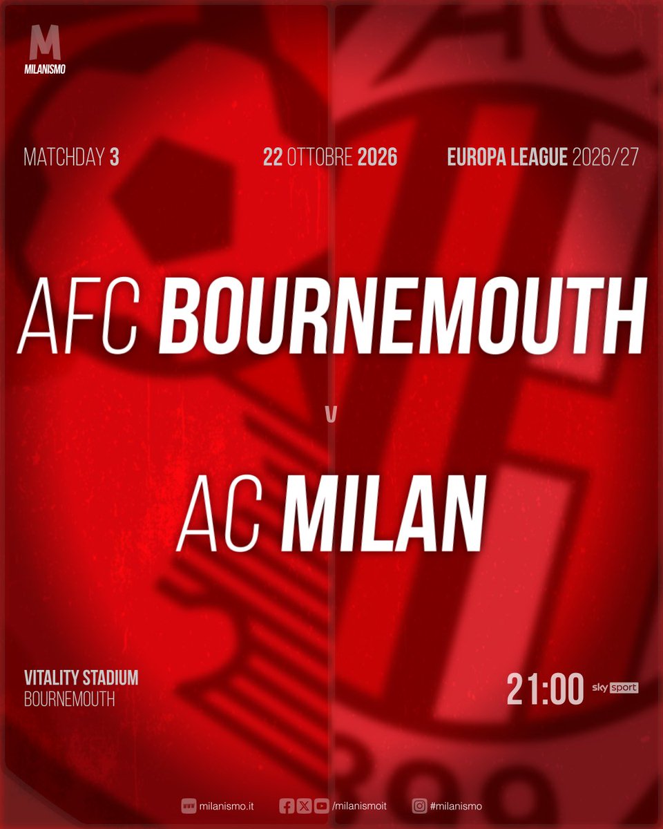 milanismoit's tweet photo. 📍 MATCHDAY

🏟️ Vitality Stadium
🆚 #BournemouthMilan
🏆 @EuropaLeague
🕣 21:00
🎥 @SkySport https://t.co/A6uxi5LyvU