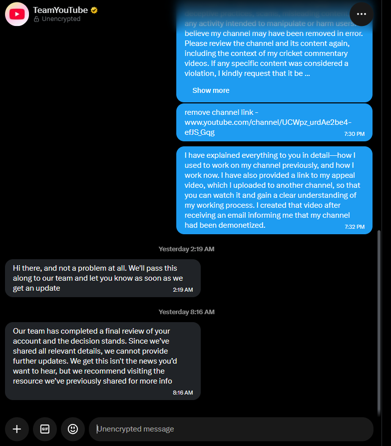 jonynv4u's tweet photo. @TeamYouTube  why do I keep receiving the same response from you? I have explained in full detail that I have not violated any guidelines. I request a 'human review'—I have put a great deal of hard work into building my channel. https://t.co/SDqwwxdes2