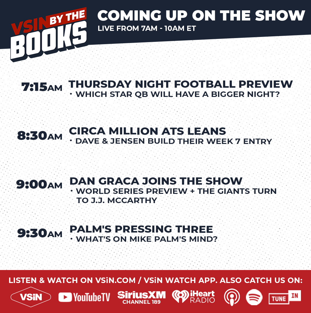 VSiNLive's tweet photo. Join VSiN By The Books with @drosssports & @JLEWFifty LIVE 7-10am ET!  The guys preview tonight’s Patriots vs. Bears matchup, collaborate on their Week 7 Circa Million entry, and much more.  Plus, MLB Postseason trends that you need to know!

Joining the show: @DanGraca | @CircaMaestro

📺 https://t.co/NVDOIr0JbB
🔊 https://t.co/aWmLqvf0DU & @SIRIUSXM Ch.189
