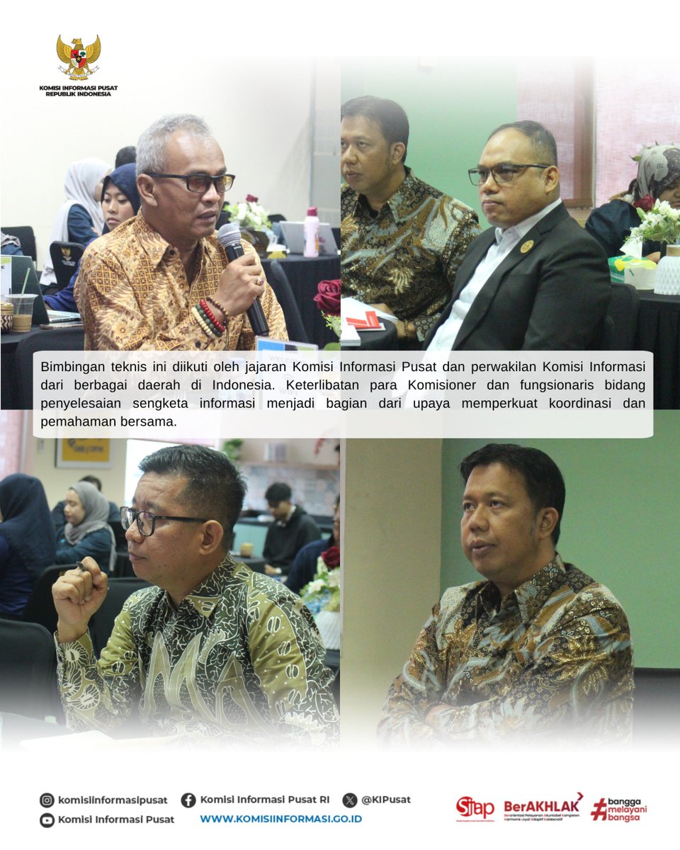 KIPusat's tweet photo. Komisi Informasi Pusat menggelar Bimbingan Teknis Penyelesaian Sengketa Informasi pada Rabu (21/10/2026) secara hybrid di Jakarta, melibatkan komisioner KI Pusat dan KI Provinsi seluruh Indonesia serta fungsionaris bidang penyelesaian sengketa informasi.

Kegiatan ini dibuka oleh Ketua KI Pusat Handoko Agung Saputro, dengan pengantar Ketua Bidang Penyelesaian Sengketa Informasi Armand Fauzi. Hadir sebagai narasumber, Ketua PTUN Pekanbaru Dr. Tri Cahya Indra Permana, dan Komisioner Bidang Penyelesaian Sengketa Informasi KI DKI Jakarta Agus Wijayanto Nugroho.

Forum ini membahas penyamaan persepsi hukum acara, penguatan kualitas putusan, dan kepastian penyelesaian sengketa, dengan menghimpun masukan KI daerah sebagai bahan penyempurnaan tata cara penyelesaian sengketa informasi.

#bukainformasipublik #hakandauntuktahu