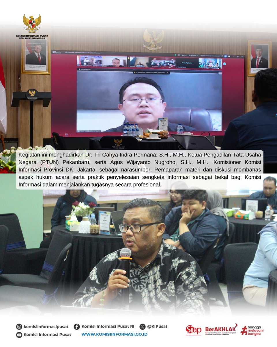 KIPusat's tweet photo. Komisi Informasi Pusat menggelar Bimbingan Teknis Penyelesaian Sengketa Informasi pada Rabu (21/10/2026) secara hybrid di Jakarta, melibatkan komisioner KI Pusat dan KI Provinsi seluruh Indonesia serta fungsionaris bidang penyelesaian sengketa informasi.

Kegiatan ini dibuka oleh Ketua KI Pusat Handoko Agung Saputro, dengan pengantar Ketua Bidang Penyelesaian Sengketa Informasi Armand Fauzi. Hadir sebagai narasumber, Ketua PTUN Pekanbaru Dr. Tri Cahya Indra Permana, dan Komisioner Bidang Penyelesaian Sengketa Informasi KI DKI Jakarta Agus Wijayanto Nugroho.

Forum ini membahas penyamaan persepsi hukum acara, penguatan kualitas putusan, dan kepastian penyelesaian sengketa, dengan menghimpun masukan KI daerah sebagai bahan penyempurnaan tata cara penyelesaian sengketa informasi.

#bukainformasipublik #hakandauntuktahu