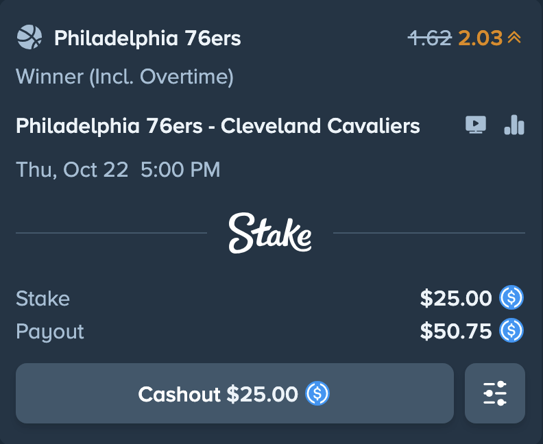 verixlv's tweet photo. @Stake is offering boosted odds on select NBA games all week! Anyone under code VERIX who backs the Philadelphia 76ers to win tomorrow has their bet fully covered by me if they go on to lose! 😎

(Max Bet $25 USD) https://t.co/uwyukhhUft