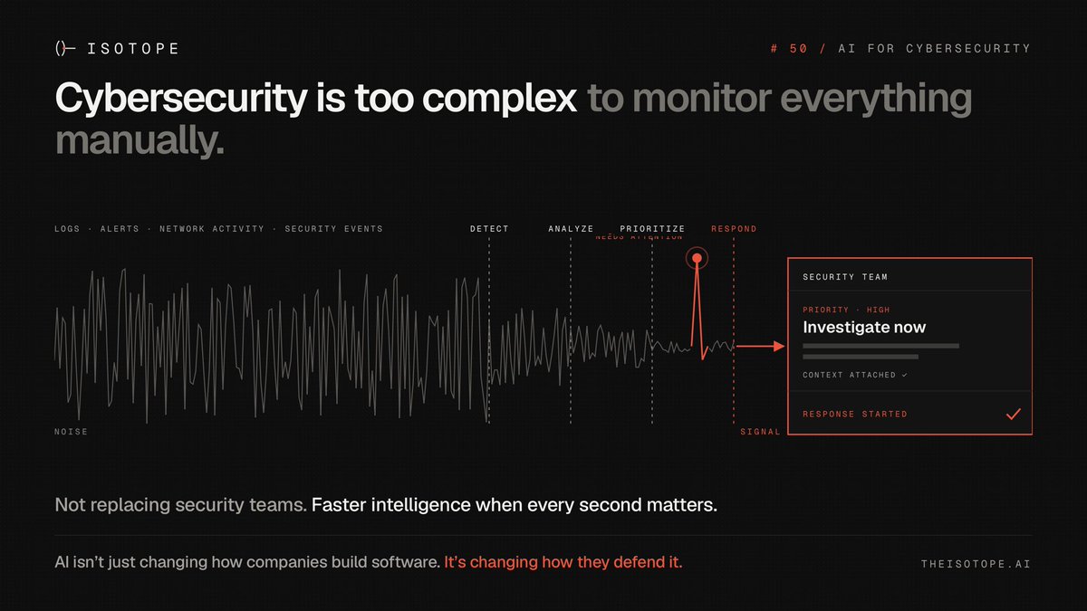 isotope_eng's tweet photo. Thousands of alerts.
One that actually matters.

AI finds it. Your team acts on it.

Noise → signal. That's production AI for security.
https://t.co/QAFbPwdTpr | $ISO https://t.co/bgT0o0zLlE
