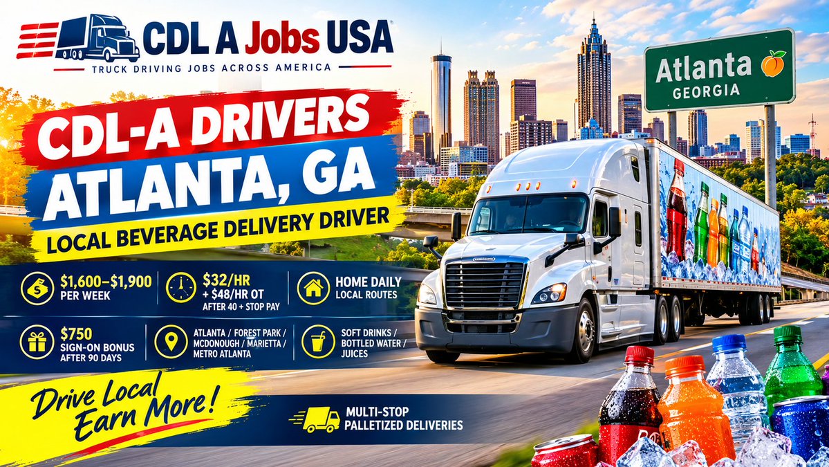 CDLAJobsUSA's tweet photo. Atlanta CDL-A Drivers!

💰 $1,600–$1,900/week
🎁 $750 sign-on bonus
🏠 Home daily | 🥤 Beverage delivery
✅ 6 months CDL-A experience required.
Apply today 👇
https://t.co/6FF8S6WyOq
#CDLJobs #TruckDrivingJobs https://t.co/RGRLvLHSRs