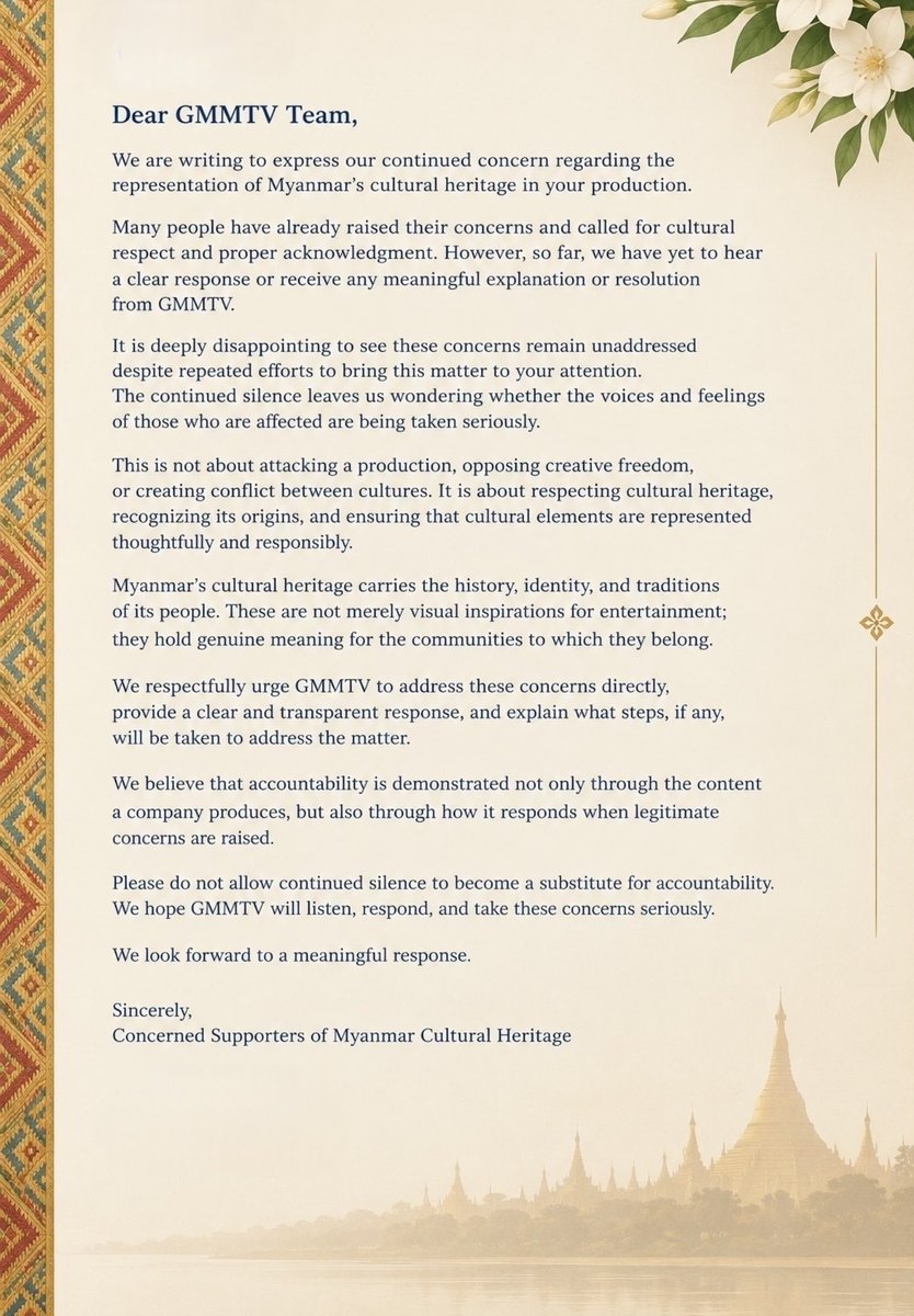 NaniKotaeMm's tweet photo. We have spoken. We have waited. Yet, a meaningful response is still missing.

Respecting cultural heritage should never be too much to ask. We deserve to be heard, and our heritage deserves to be acknowledged.

@GMMTV , silence is not a solution. We are still waiting for accountability.

GMMTV ACCOUNTABILITY

#RespectMyanmarCulture
#CreditOurHeritage