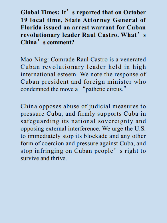 EmbZhangRun's tweet photo. Foreign Ministry Spokesperson: China urges the U.S. to immediately stop its blockade and any other form of coercion and pressure against Cuba, and stop infringing on Cuban people’s right to survive and thrive. https://t.co/WsstvPPJGH