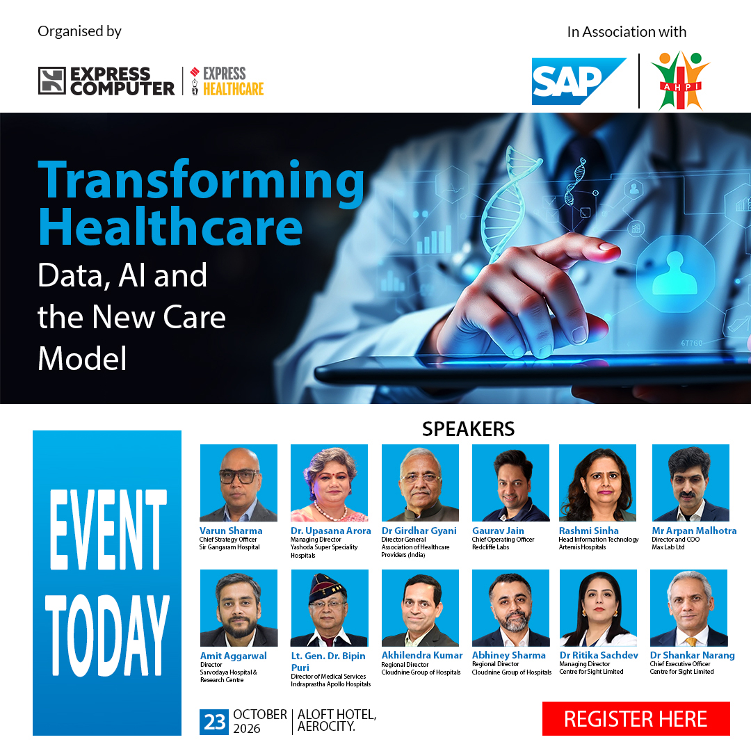 ExpComputer's tweet photo. #EventToday | An exclusive, closed-door industry forum ~ Transforming Healthcare ~ Data, AI and the New Care Model, organised by #ExpressComputer and #ExpressHealthcare, in association with @SAP - @ahpi_india

🗓️ 23rd October 2026 | Aloft New Delhi Aerocity | 6:00 PM Onwards

Meet Our Speakers:
• Mr Varun Sharma, Chief Strategy Officer, Sir Gangaram Hospital
• Dr Upasana Arora, Managing Director, Yashoda Super Speciality Hospitals
• Dr Girdhar Gyani, Director General, Association of Healthcare Providers (India)
• Mr Gaurav Jain, COO, Redcliffe Labs
• Mr Amit Aggarwal, Director, Sarvodaya Hospital
• Lt. Gen. Dr. Bipin Puri, Director of Medical Services, Indraprastha Apollo Hospitals
• Mr Akhilendra Kumar, Regional Director, Cloudnine Group of Hospitals
• Mr Abhiney Sharma, Regional Director, Cloudnine Group of Hospitals 
• Ms Rashmi Sinha, Head IT, Artemis Hospital
• Mr Arpan Malhotra, Director and COO, Max Lab Limited
• Dr. Ritika Sachdev, Managing Director, Centre For Sight Limited
• Dr. Shankar Narang, CEO, Centre For Sight Limited

@Viveka_Roy @LNair23 @SanjivDas4 @rbhatkal @ashishrampure @kalsomekals
