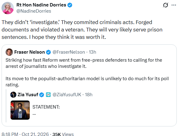 Barthsnotes's tweet photo. Dorries complains about "forged documents", predicts "prison sentences" for those responsible. https://t.co/eYQxy0dor3