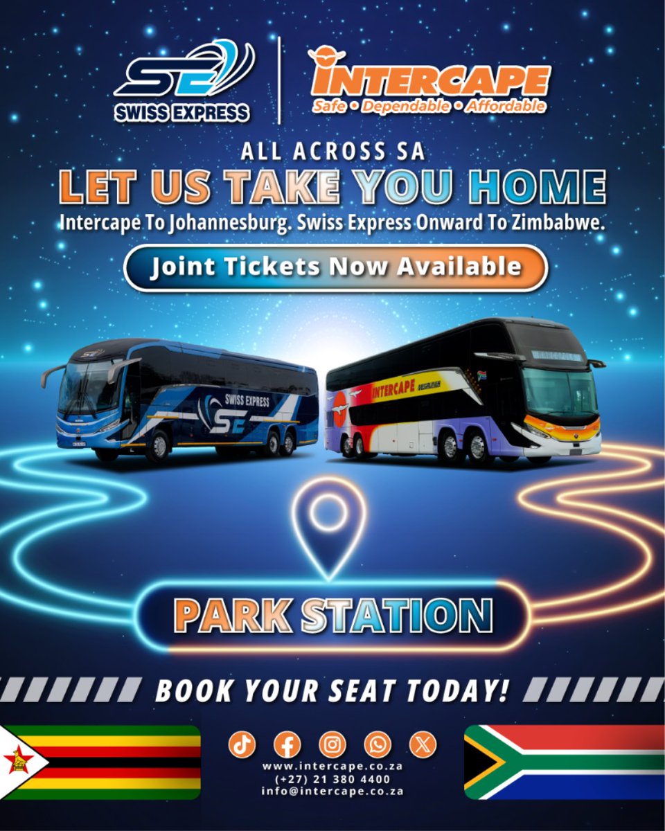 IntercapeBus's tweet photo. Mzansi, we’ve teamed up with Swiss Express to bring you seamless connections from across South Africa to Zimbabwe!

Travel with Intercape to Johannesburg Park Station, then continue your journey to Zimbabwe with Swiss Express. Joint tickets now available. https://t.co/tFj0NEFUTO