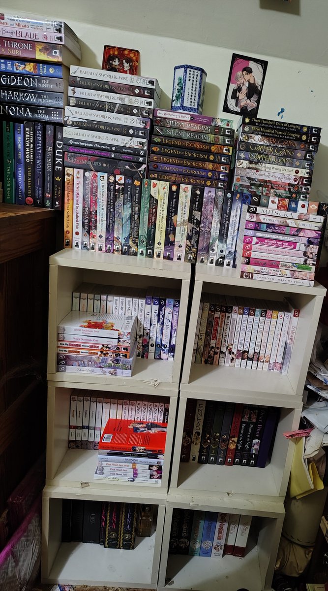 starlit_radiant's tweet photo. Old photos but here you go. Some cultural context - reading manga by translated scans was the most common way before 2010(!) but I did not see physical BL manga on my local bookstore shelves until 2014(!!).

Being able to buy books properly now is the best part of the modern era. https://t.co/HEGgNoM18G