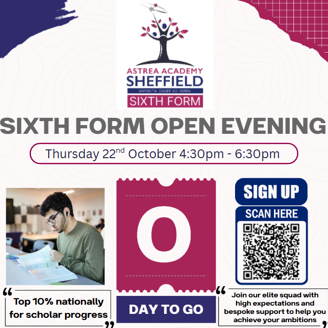 AstreaAcadSheff's tweet photo. We're really looking forward to welcoming scholars and families to our Sixth Form Open Evening TONIGHT!
Time: 4:30pm - 6:30pm UPDATED TIME
Location: Astrea Academy Sheffield, Secondary Phase
Come and chat to our amazing Sixth Form Scholars and staff
#AAScommunity #sixthform https://t.co/bywhHGwRRG
