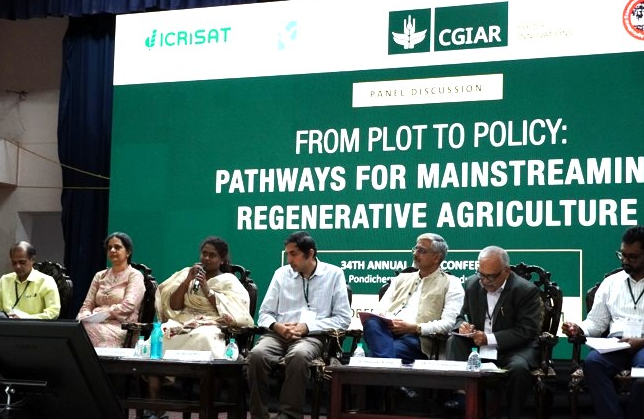 ICRISAT's tweet photo. ICRISAT, in collaboration with the International Food Policy Research Institute (@IFPRI), CGIAR Policy Innovations (@CGIARPolicy), and the ICAR–National Institute of Agricultural Economics and Policy Research (@IcarNiap), at the 34th Annual Conference of the Agricultural Economics Research Association (@AeraIndia), held on 12–14 October 2026, Pondicherry University, Puducherry, India.

Dr Shalander Kumar (@kumar_shalander), Principal Scientist – Socioeconomist, Markets, Institutions and Policies, and Ms Judy Thomas, ICRISAT, convened the panel “From Plot to Policy: Pathways for Mainstreaming Regenerative Agriculture,” exploring ways to scale regenerative agriculture through stronger scientific evidence, monitoring systems, and supportive policy frameworks.

The second panel, “Reimagining India’s Fertilizer Policy Landscape: From Price Management to Agricultural Value Chain Transformation,” focused on scaling regenerative agriculture through long-term scientific evidence, farmer-centered transition support, stronger extension services, market incentives, and supportive policy frameworks.

Both discussions highlighted the importance of collaboration among researchers, policymakers, and industry stakeholders in advancing evidence-based agricultural policies and sustainable farming systems in India.

Read more: https://t.co/ZW4IOeYVXi