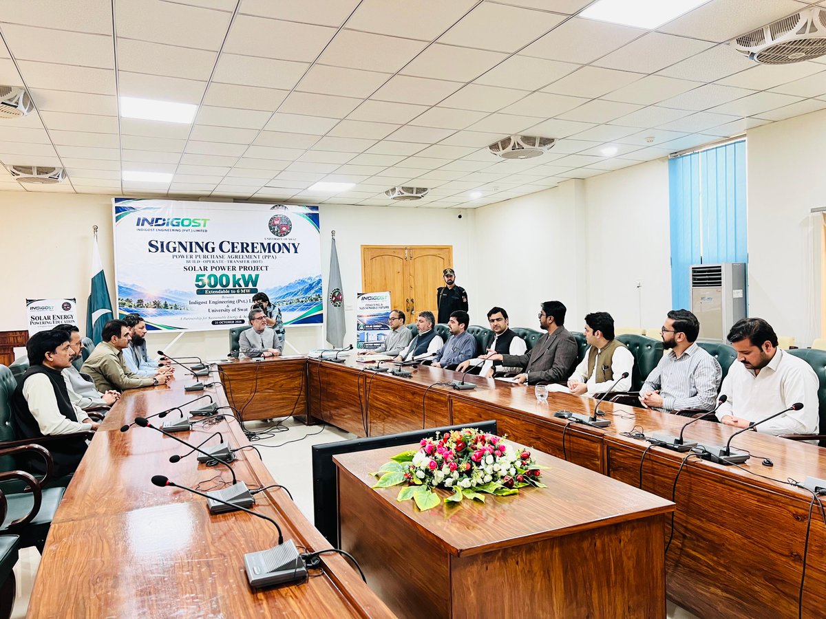 hashosayed's tweet photo. Proud moment for KP!@uniofswat  &amp; Indigost Engineering sign the first-ever PPP BOT Solar Project in the province — 500 kW (extendable to 6 MW).Clean energy for our campuses.
Thanks to VC Prof. Dr. Husnul Amin &amp; team.
@AamerAbdullah https://t.co/Tpilebuaha