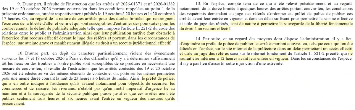N_Hervieu's tweet photo. Couvre-feu : En référé, il est enjoint au @prefpolice de publier ses arrêtés de couvre-feu au moins 12h avant leur entrée en vigueur.

Car leur publication tardive (injustifiée) ces derniers jours a empêché tout recours « effectif et utile ».

[TA Paris, 21 oct. 2026, n° 2632239] https://t.co/fETxPoSrkV