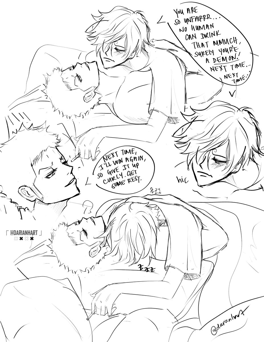 darianhart's tweet photo. sanji is sleepy and drunk. when will he learn that he'll never win a drinking contest against zoro? #zosan 💙💚🤣 https://t.co/s6tfsmhd86