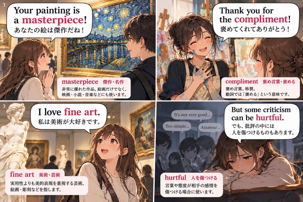 eyl_sub's tweet photo. “Your painting is a masterpiece!”
「あなたの絵は傑作だね！」

“Thank you for the compliment!”
「褒めてくれてありがとう！」

“I love fine art.”
「私は美術が大好きです。」

“But some criticism can be hurtful.”
「でも、批評の中には人を傷つけるものもあります。」 https://t.co/teOtuhM8Qq