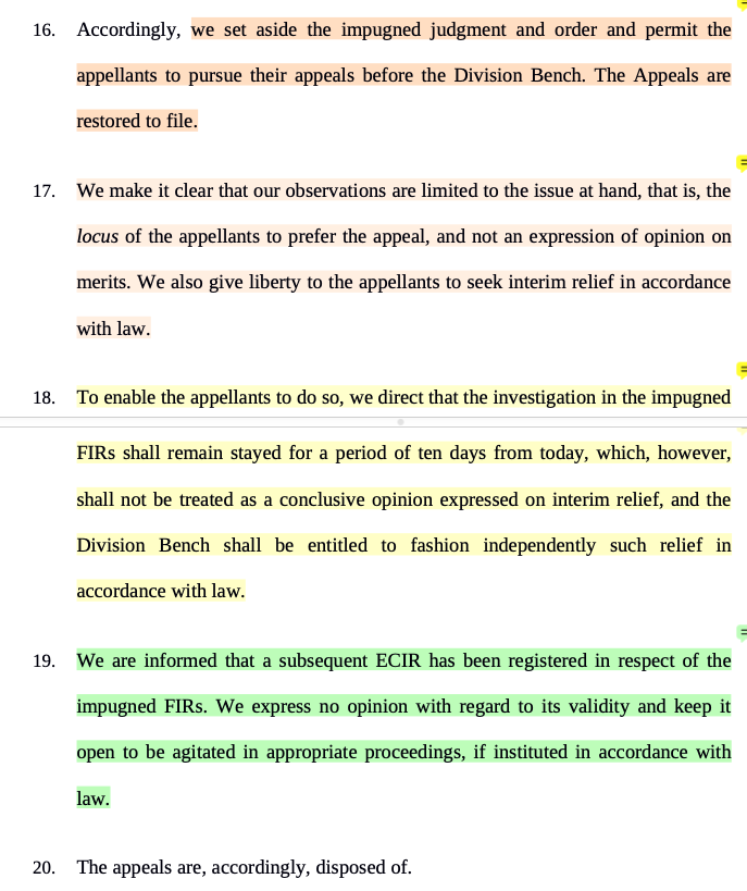 CiteCase's tweet photo. This is what #SupremCourt did in SLP filed by @pinarayivijayan :

✅ Restored appeals before Kerala HC Division Bench
✅Stayed investigation for 10 days
❌ No interference in ECIR registered. https://t.co/EpfmTYJzoN
