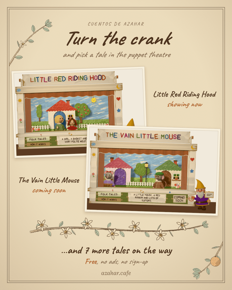 elpumberto's tweet photo. I've just launched Cuentos de Azahar, a website of interactive stories for kids aged 5 to 7.

It's only Little Red Riding Hood for now, but there are 7 more on the way.

If you try it with your little ones, I'd love to hear how it goes. https://t.co/Q1BcPt3ELS