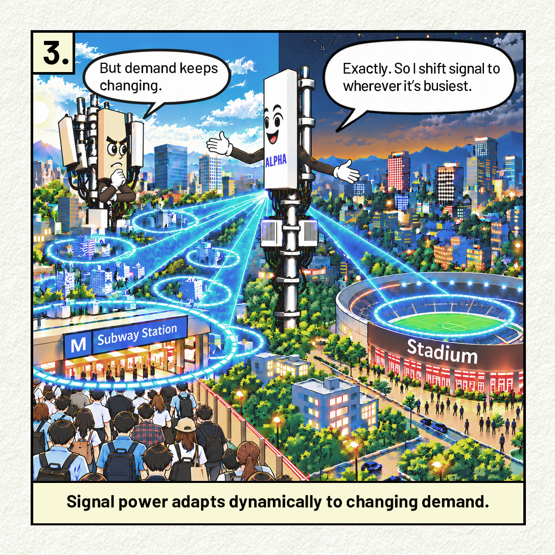 Huawei's tweet photo. Demand moves across a city throughout the day. Huawei Alpha Digital Antenna responds by adjusting beam direction, helping coverage reach the right places with the right power.