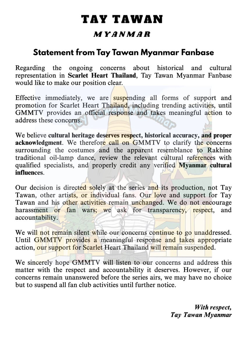 TayTawanMyanmar's tweet photo. 𝙎𝙩𝙖𝙩𝙚𝙢𝙚𝙣𝙩 𝙛𝙧𝙤𝙢 𝙏𝙖𝙮 𝙏𝙖𝙬𝙖𝙣 𝙈𝙮𝙖𝙣𝙢𝙖𝙧 𝙁𝙖𝙣𝙗𝙖𝙨𝙚❗️
@GMMTV @ScarletHeartTH 

GMMTV ACCOUNTABILITY

#RespectMyanmarCulture
#CreditOurHeritage
#ScarletHeartTH https://t.co/vL7sx9WE7b