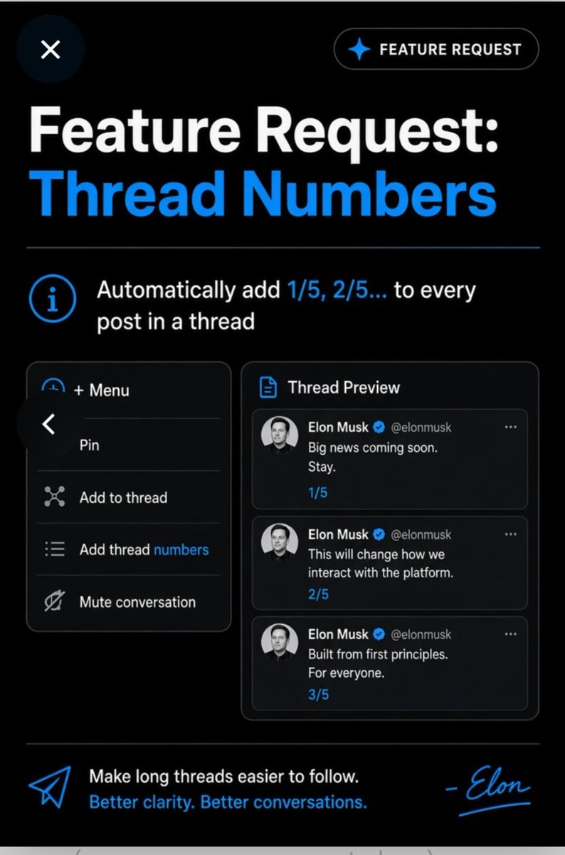 aytekyazar's tweet photo. @elonmusk 

Feature idea for X:

When creating a thread, add an option called “Thread Numbers”.

It automatically puts 1/5, 2/5, 3/5… at the start of each post.

No more manual numbering. Super useful for long threads.

Would love to see this! https://t.co/f1RbF7aOuz