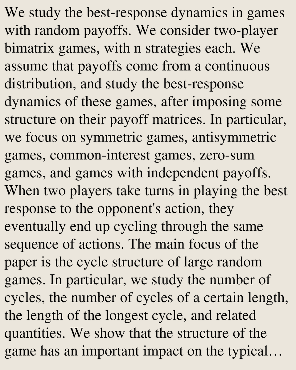 DO's tweet photo. Cycle structure of best-response dynamics in random bimatrix games

Georgios Nikolaos Karelas, Gábor Lugosi, Rui-Ray Zhang
https://t.co/zlhDsopTgR [𝚌𝚜.𝙶𝚃] https://t.co/MTcsKV3QOC