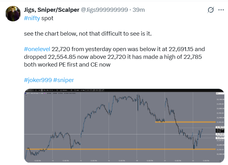 Jigs999999999's tweet photo. #nifty spot #onelevel
its fun trading #nifty i take my entries on 1 min TF
#joker999 #sniper https://t.co/rSyfYpiZOJ