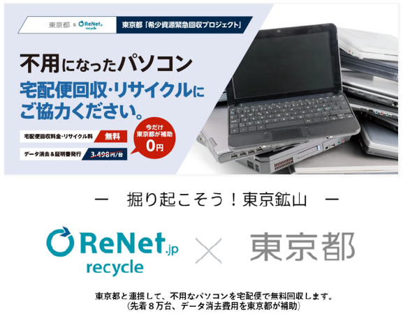 ReNetJapanIR's tweet photo. 【東京都プロジェクト採択】
当社子会社のリネットジャパンリサイクルは、東京都の「希少金属緊急回収プロジェクト」のパソコン回収事業に採択されました。2026年10月23日（金）より、東京都と連携して都内の不用なパソコンの回収促進に向けた取り組みを実施します。

本事業では、都内のパソコンを回収する際、希望者には通常有償（3,498円／台）で提供しているデータ消去サービスの費用について、最大8万台分を東京都が負担し無料で提供します。データ消去を希望された方には、リネットジャパンで回収・データ消去後に証明書も発行いたします。

詳しくは当社IR最新情報をご覧ください。
https://t.co/TWH97UBb5d