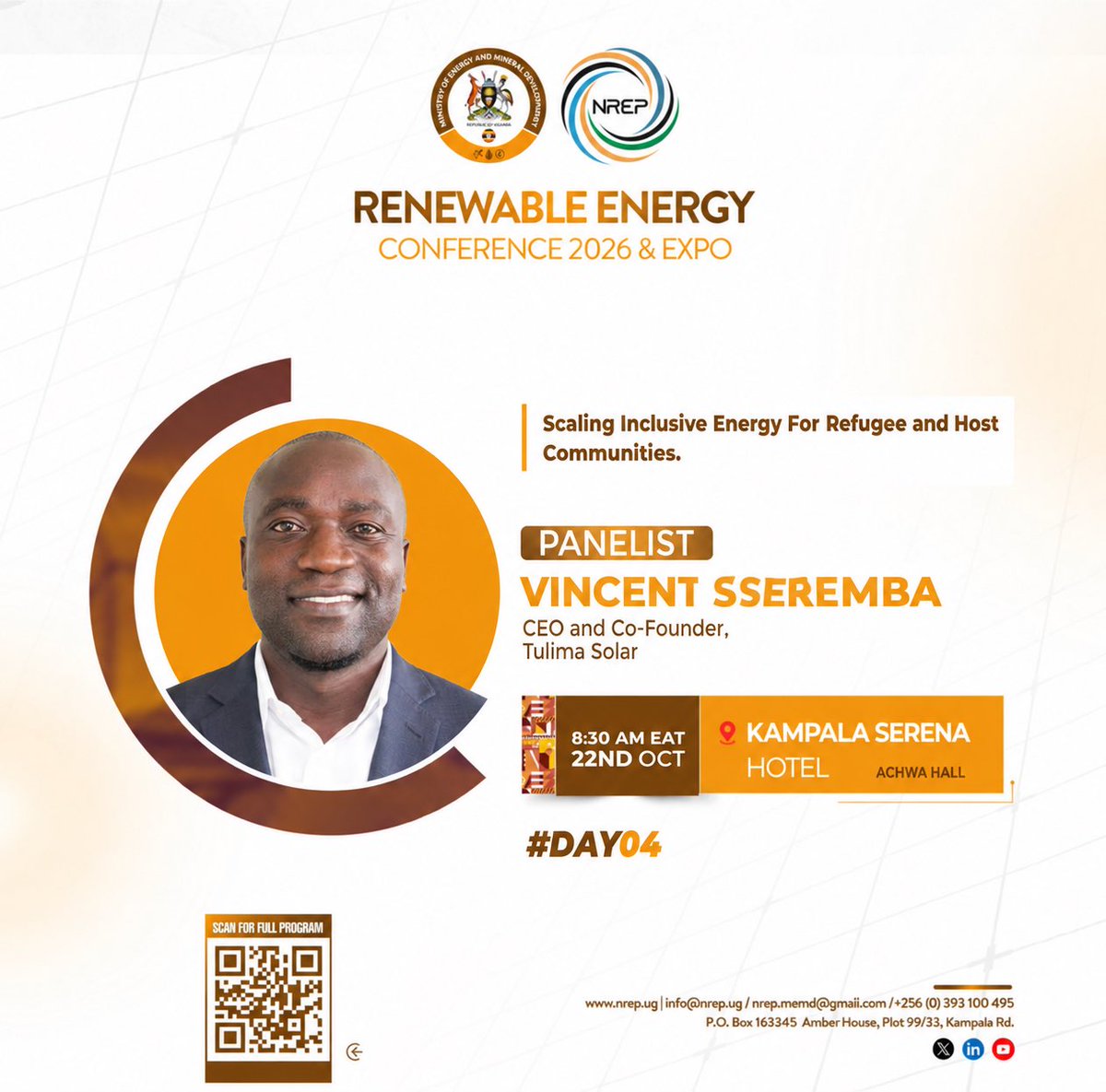 TulimaSolarUg's tweet photo. Day 4 at the Renewable Energy Conference 2026 & Expo (REC) is underway!
Today, we are proud to see our very own CEO and Co-Founder of Tulima Solar, participate as a panelist in the discussion on “Scaling Inclusive Energy for Refugee and Host communities.
#TulimaSolar #REC26 https://t.co/3KEvQRDMzO