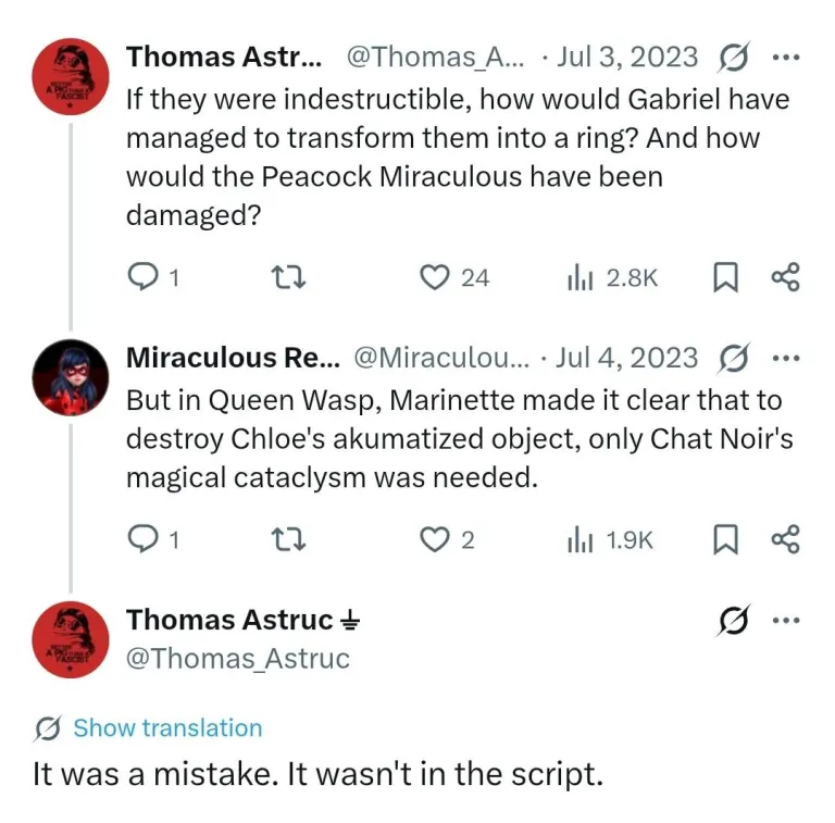 Neilinyourarea's tweet photo. For people who might think the Miraculous are indestructible because of that line in Queen Wasp, it was a script error. That's the reason why Lila warned Grendiaper to not damage the miraculous with his magical screech https://t.co/Wt6fzqyPQw