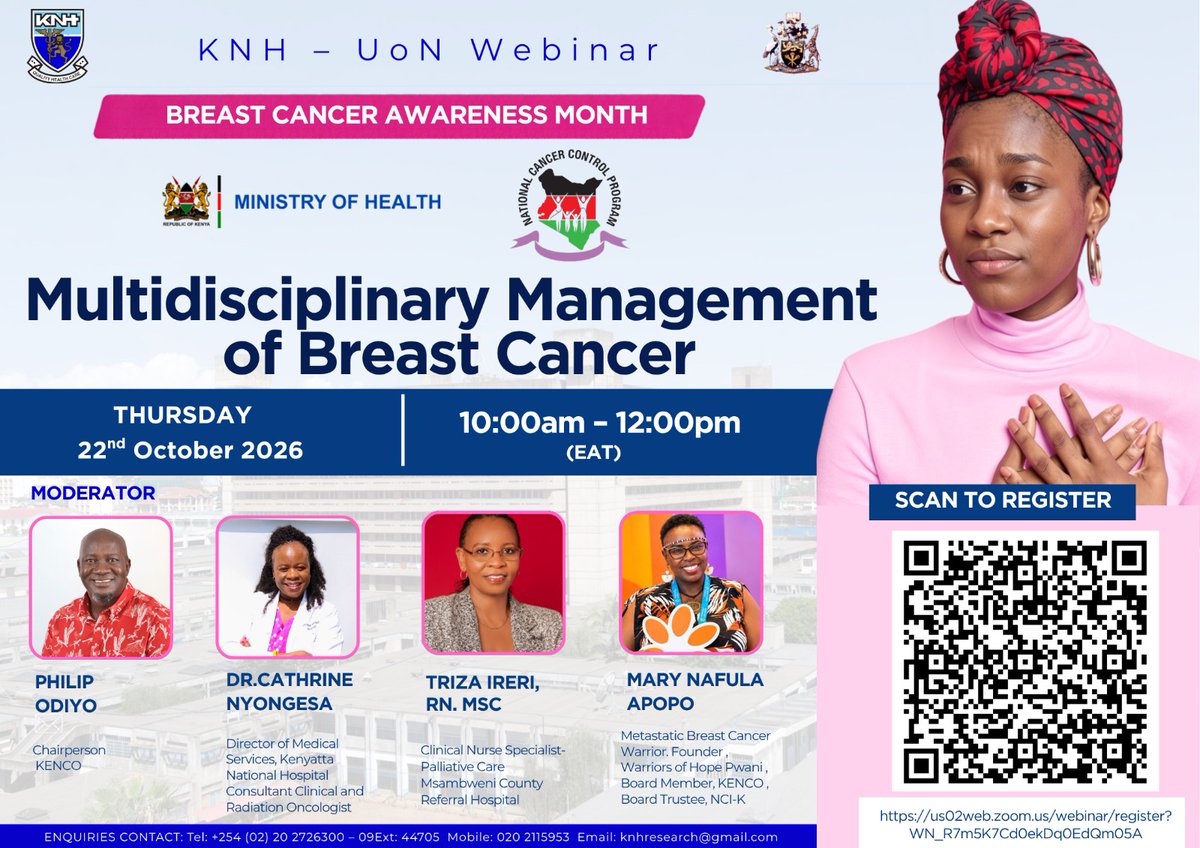 CancerProgramKE's tweet photo. Join the KNH-UoN Webinar on Managing Breast Cancer!
🗓 Oct 22, 2026 | 10AM-12PM EAT
Learn from top experts &amp; patient advocates.
Register: https://t.co/k3EbzFw1Zn
#BreastCancerAwarenessMonth #NCCP #MOH_Kenya #KNH https://t.co/UnEWjACvhh