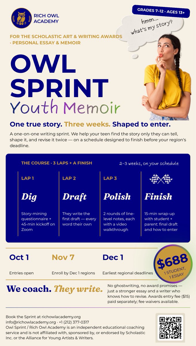 RichOwlAcademy's tweet photo. Your story. Your voice. Award-ready. ✨

1:1 memoir coaching for the Scholastic Art &amp; Writing Awards, grades 7–12 (ages 13+).

Turn a real moment into an award-ready piece 👇
[https://t.co/4cRessV6vQ]

#scholasticawards #writingcompetitions #teens #youthmemoir https://t.co/DOKRyfSJiQ