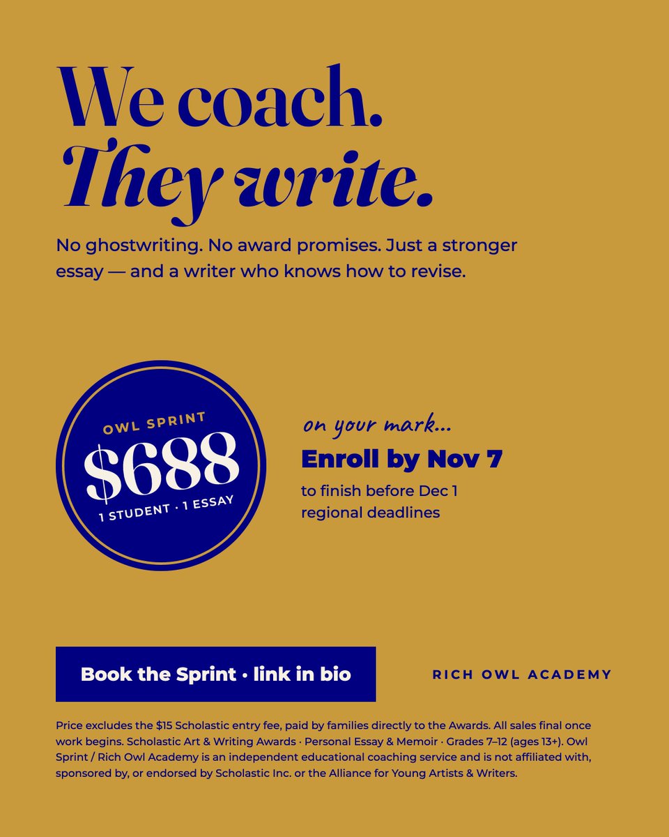 RichOwlAcademy's tweet photo. Your story. Your voice. Award-ready. ✨

1:1 memoir coaching for the Scholastic Art &amp; Writing Awards, grades 7–12 (ages 13+).

Turn a real moment into an award-ready piece 👇
[https://t.co/4cRessV6vQ]

#scholasticawards #writingcompetitions #teens #youthmemoir https://t.co/DOKRyfSJiQ