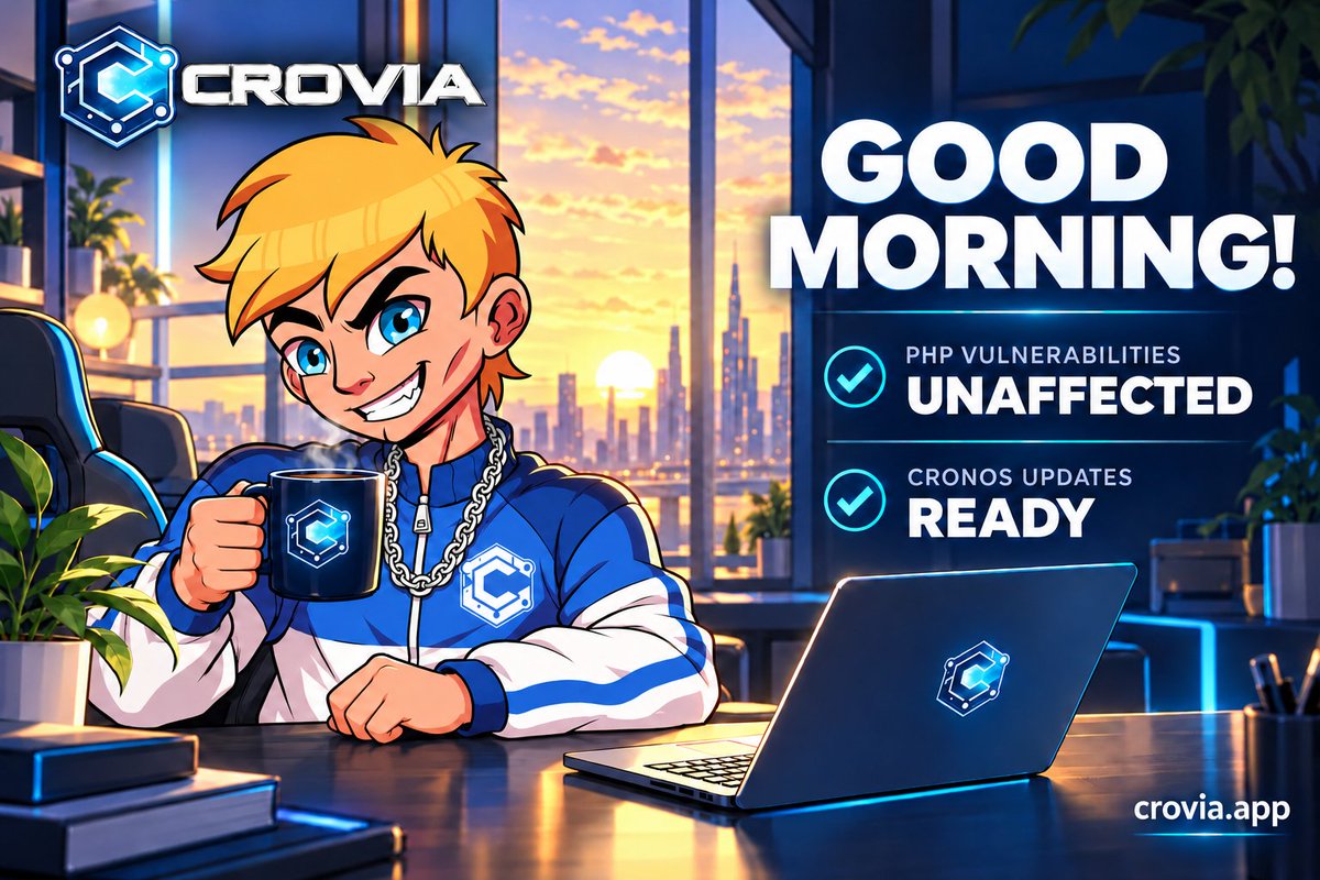 Crovia_NFT's tweet photo. Good morning! ☀️

We don't use PHP, so the PHP vulnerabilities recently reported in the news don't affect Crovia.

We're also fully prepared for the upcoming Cronos network updates.

Have a great day, everyone! 💛 https://t.co/i7zzPw6owS
