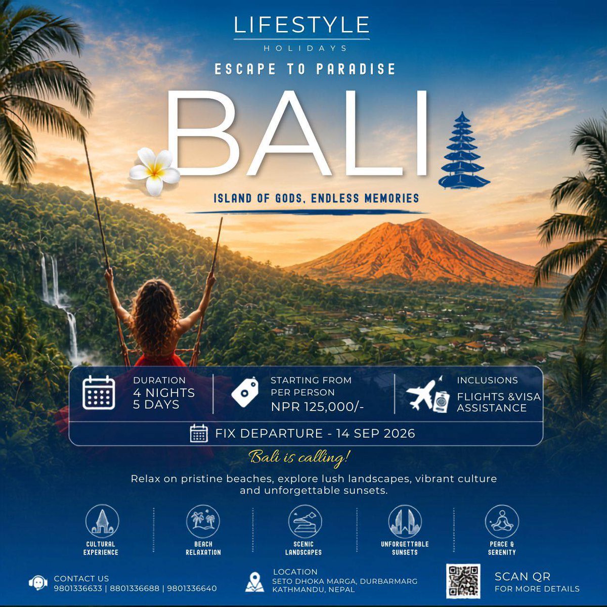 HongSiewert's tweet photo. Bali is calling. Escape for 4 nights and 5 days of tropical beauty, vibrant culture, breathtaking landscapes, and unforgettable sunsets. Fixed departure: 14 September 2026
Starting from NPR 125, 000 per person

Includes flights, accommodation, visa https://t.co/hael5oHyaG