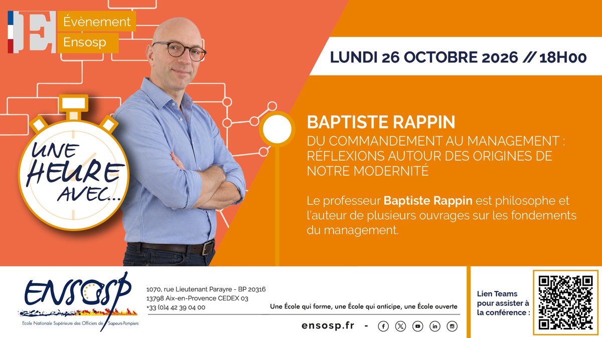 ENSOSP's tweet photo. 1 heure avec… Baptiste Rappin, pour comprendre ce que le management a fait du commandement.

Pour cette nouvelle conférence, l’Ensosp accueille Baptiste Rappin, professeur de philosophie et auteur de plusieurs ouvrages sur les fondements du management. https://t.co/yv9YBmbAE6