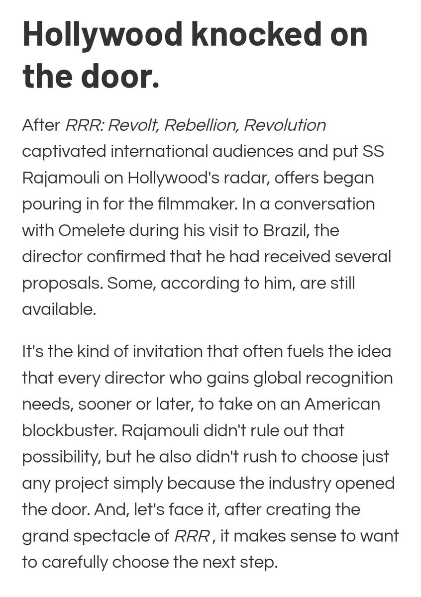 ssrxmmk's tweet photo. Hollywood production companies lined up with opportunities for SS Rajamouli but he chose to have all his focus on Varanasi. 

Interesting that he wants to work in Hollywood just once, just to learn their ways, the system. He seems to never abandon Telugu Cinema. https://t.co/vSeI37HWsx