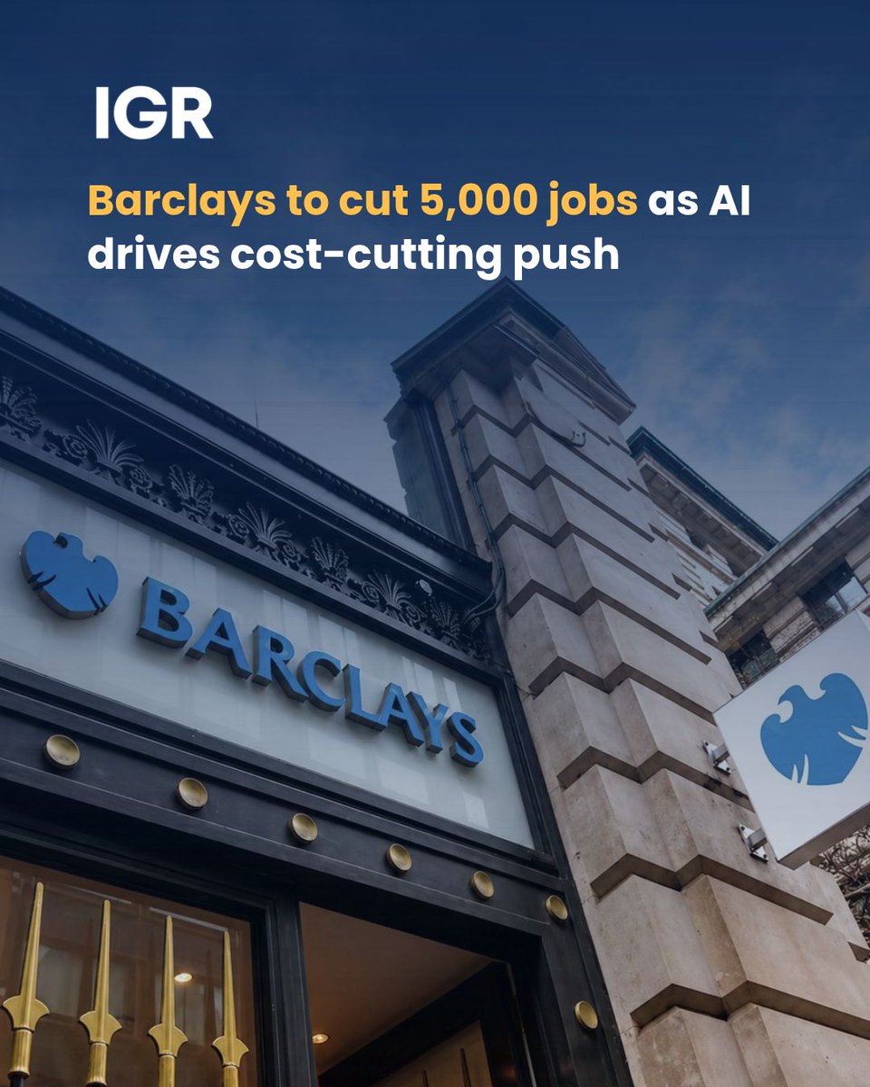 IGR_Media's tweet photo. #IGR: Barclays To Cut 5,000 Jobs As AI Reshapes Banking Workforce

Barclays plans to eliminate around 5,000 jobs this year, with about 60% of the cuts affecting support roles such as developers. 

The bank has already removed 1,000 positions and plans to complete the remaining cuts by year-end as it expands its use of AI and automation to reduce costs.

The announcement came as Barclays reported a 12% rise in third-quarter profit to $3.08 billion from a year ago, although the figure fell short of analysts’ expectations.