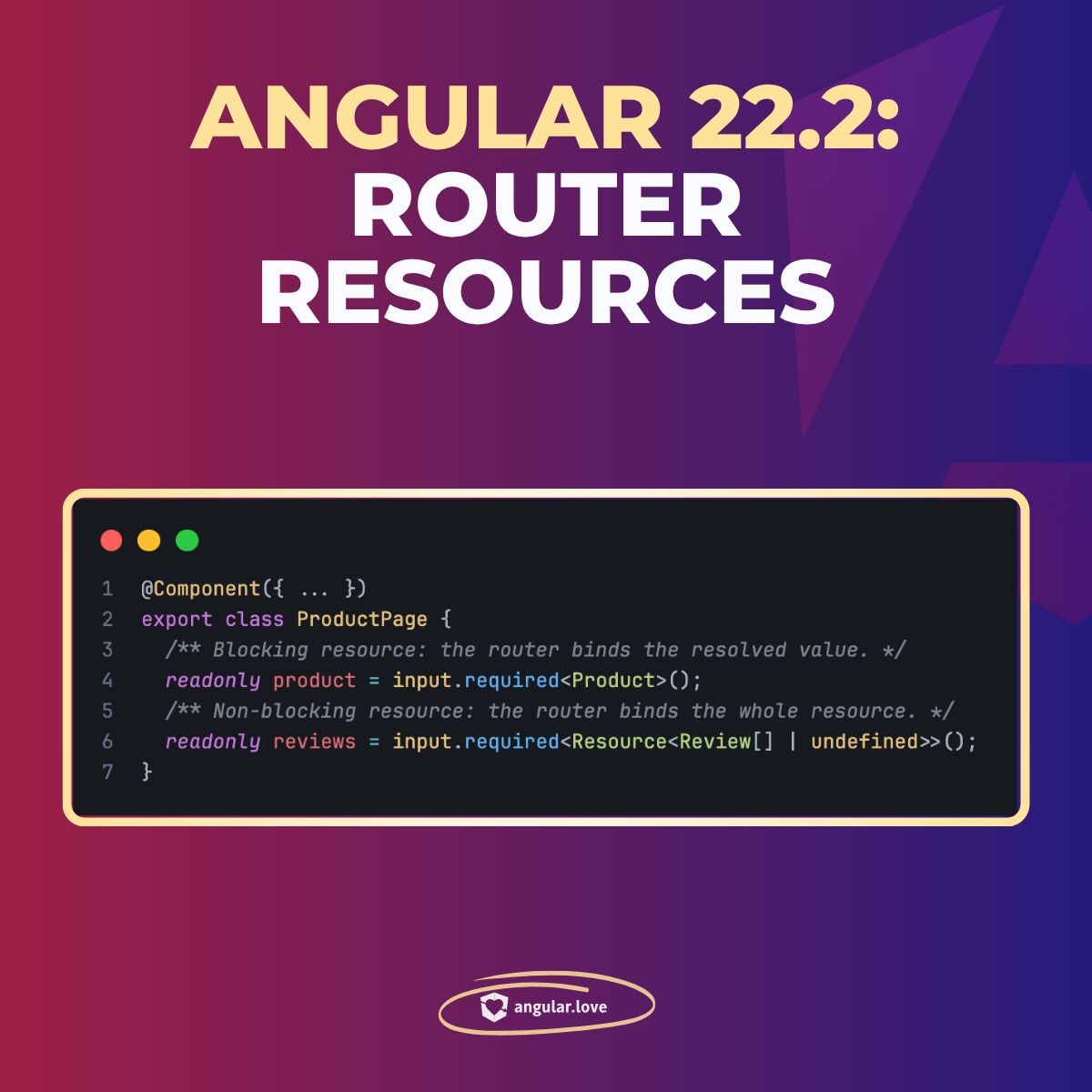 AngularLovePL's tweet photo. ⚡ #Angular22.2 brings in router resources, which for now are in Developer Preview.
They are a signal-based alternative to resolvers and can be either blocking or nonBlocking.
With non-blocking resources, you can show loading skeletons on the page while the data is loading.
💡 To use this feature, add withRouterResources() to your router config and declare resources in your route configuration (example below).
➡️ Then you can read the resources through component inputs. Make sure you have withComponentInputBinding() enabled.
What do you think of this change?