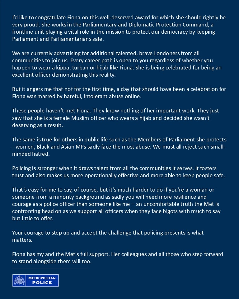 metpoliceuk's tweet photo. Commissioner Sir Mark Rowley has responded to the unacceptable online abuse directed at a Met officer who received an award at yesterday's annual Police Federation Conference.

PC Fiona Shaik Umar was recognised for the outstanding contribution she has made for women in policing. https://t.co/KfqAdNAa4f